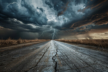 Dramatic stormy sky over wet road leading to horizon with lightning