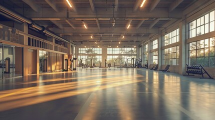 Sunset light casting through a spacious empty gym, highlighting modern fitness equipment