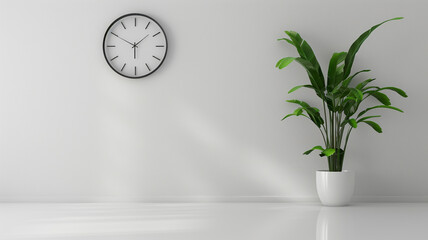 White wall with clock and decoration on white background with copy space for text