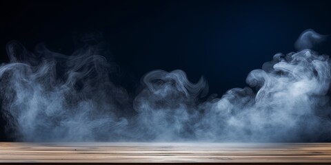navy blue background with a wooden table and smoke. Space for product presentation, studio shot, photorealistic