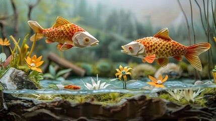 fish in aquarium, paper art