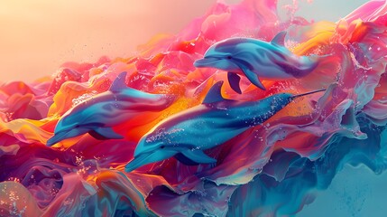dolphin swimming in the sea, colorful background with painting - obrazy, fototapety, plakaty