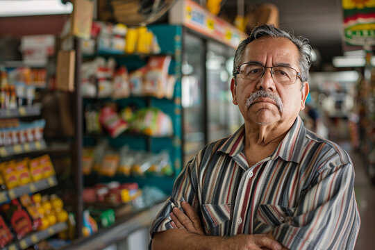 Middle-aged man standing arms crossed in front of grocery store shelves