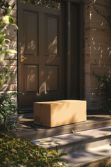 A large carboard delivery box in front of a door