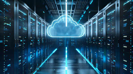 Cloud-integrated server room futuristic technology data storage concept