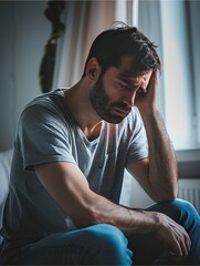 A man sits with a headache, stressed and depressed.