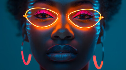 
Imagine
27w




Close up Young African woman fluorescent fashion glasses and make up, model in neon style
