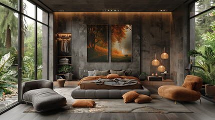 Textured Tranquility: A Modern Man's Nature-Inspired Bedroom Escape, generated by IA