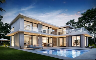 Exterior of modern luxury cubic villa with swimming pool at sunset., photo, stock images, stock photo, life stock	
