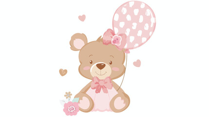 Teddy bear with balloon  flower. Cute baby bear girl.