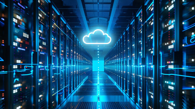 Futuristic server room with cloud on ceiling network infrastructure technology