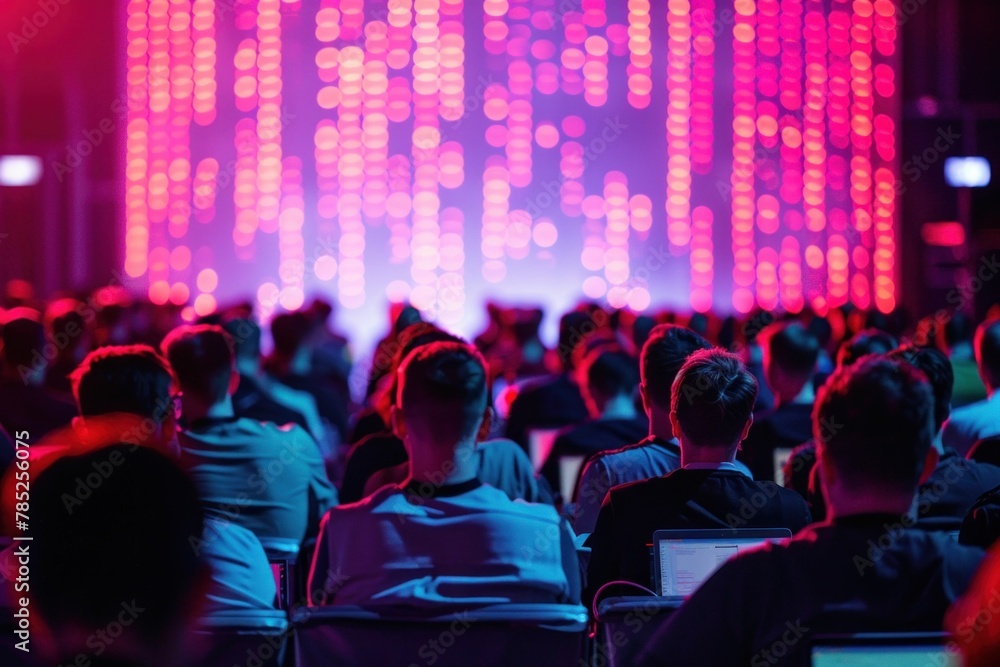 Aufkleber audience sitting in front of large screen illuminated by red lights, watching presentation or perfor