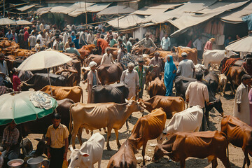 Crowd of Cattle market during Eid al-Adha in India
