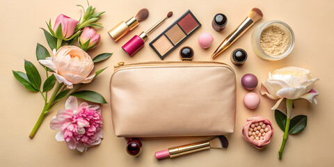 Obraz na płótnie Canvas Generated by AI, cosmetic bag for women, cosmetics, minimalism, peonies, on a beige background, soap, beauty,