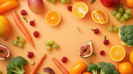 Assorted Fruits and Vegetables Arranged in Circle on Orange Background with Copy Space