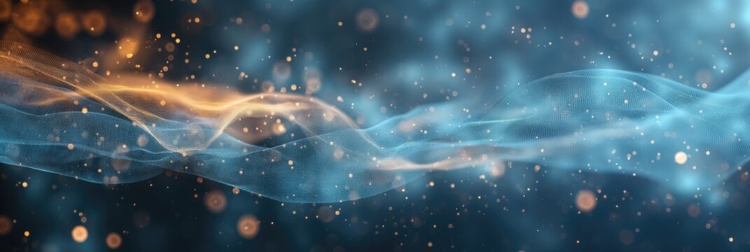 Shimmering gold dust and blue smoke background panorama for artistic design and advertising promotion packaging branding background