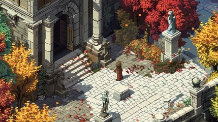 Capture a high-angle view of a classic literature scene through pixel art, blending vibrant colors for a modern twist