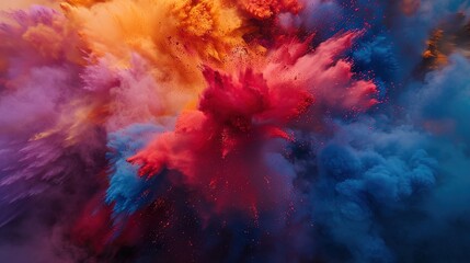 Vibrant clouds of powdered colors filling the air as revelers joyfully toss handfuls of gulal at each other, creating a mesmerizing spectacle.