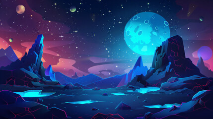 Alien planet landscape with rocks and futuristic bud