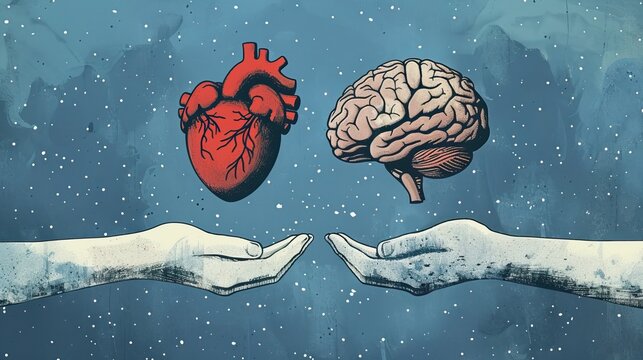Conceptual image of hands holding a red heart and a brain, representing the balance between emotions and logic - Powered by Adobe