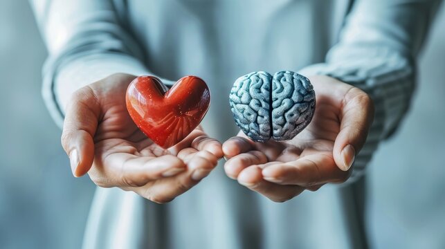 Conceptual image of hands holding a red heart and a brain, representing the balance between emotions and logic