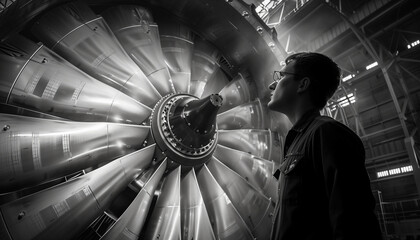 Machining engineers inspection of turbine engine, photo black and white