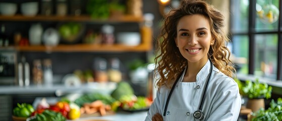 Smiling Nutrition Expert with Healthy Food Selection. Concept Holistic Wellness, Nutrient-Rich Recipes, Balanced Diet Tips, Health-conscious Choices