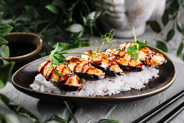 Gourmet grilled mussels on bed of salt