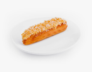 Fresh coconut eclair on white plate