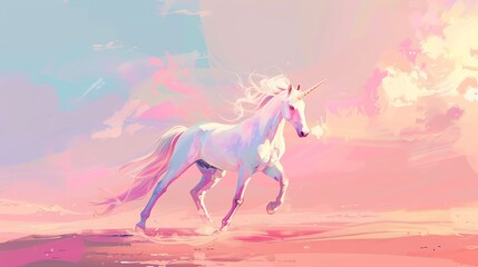 Capture the essence of a graceful unicorn in a vector art style, using pastel colors and clean lines to evoke a sense of enchantment - obrazy, fototapety, plakaty