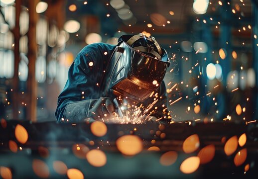 Focused Welder: Precision in Action Amidst Flying Sparks"
