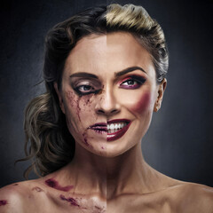 Young Woman's Face Split in Two: Glamour vs. Domestic Violence.Domestic violence awareness concept.