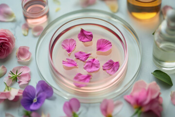 Petri dishes filled with pink liquid with flowers and petals