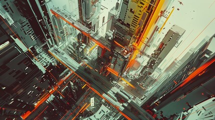 Craft a high-angle view of an ultra-modern cityscape for urban exploration, using a glitch art technique to infuse a sense of digital distortion and innovation, featuring advanced gadgets and vehicles