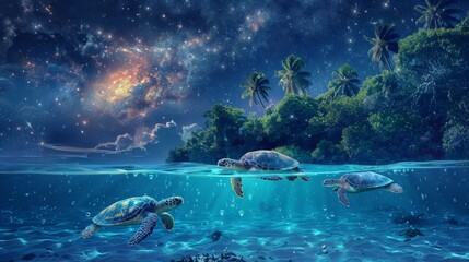 Vibrant island scene at night with dancing sea turtles under the moonlight. Colors of Island Green and White create a magical blend of fantasy and reality.