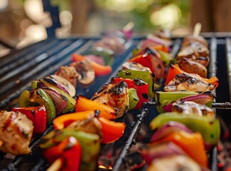 Close up of colorful shish kebabs on the grill with mushrooms