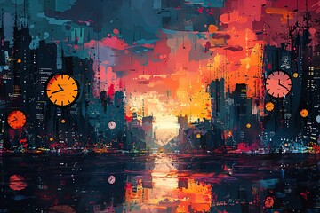 Abstract digital painting of a cityscape with a clock in the style of a dark color palette and a vibrant illustration. Cyberpunk. Night city lights and silhouettes of skyscrapers. Place for text
