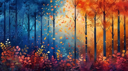 A magical walk through a forest with leaves transforming from deep blue to orange-red and yellow-orange, symbolizing life's beautiful changes. - obrazy, fototapety, plakaty