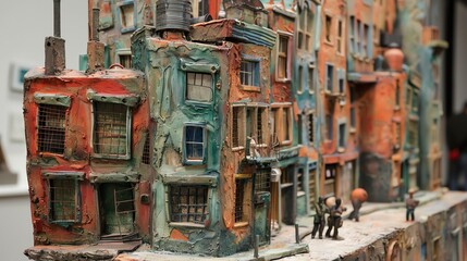 Explore Urban Expressionism through a clay sculpture depicting a bustling city street, emphasizing emotion and movement, with exaggerated perspectives, vibrant colors, and textured surfaces that invit