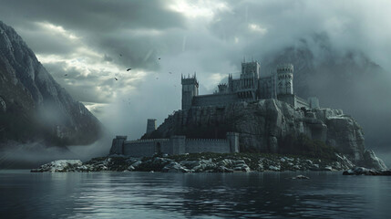 An ancient mythical castle landscape scenic on a storm
