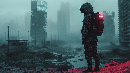 Illustrate a fashion-forward rebel in a dystopian world wearing edgy cyberpunk attire, standing defiantly in a desolate wasteland with a mix of pixel art and CG 3D rendering