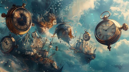 Illustrate a sailor navigating through a sea of floating clocks and melting compasses in a digital photorealistic style, emphasizing the blending of time and space in a unique perspective - obrazy, fototapety, plakaty