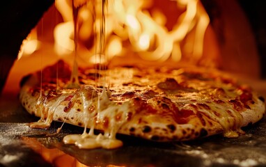 Melted cheese drizzles over a pizza with the golden hue of a wood-fired oven in the background.