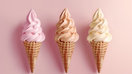 Three soft serve ice cream cones with different flavors against a pink background