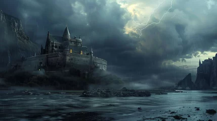 Poster An ancient mythical castle landscape scenic on a storm © Anas
