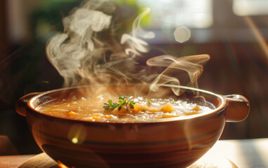 A rustic clay bowl filled with savory soup steams on a wooden table, highlighted by warm sunlight, conveying a sense of homemade goodness.
