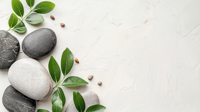 Flat lay composition with spa stones and green leaves on white textured background