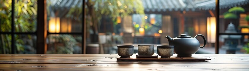 An elegant still life of a ceramic teapot and teacups on a wooden table against a blurred background of a traditional chinese courtyard