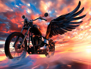 Fototapeta premium Conceptual style, motorcycle with wings, sky background, surreal composition, twilight lighting