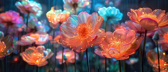 Fiber optic flowers in a garden at night with a blue background - obrazy, fototapety, plakaty